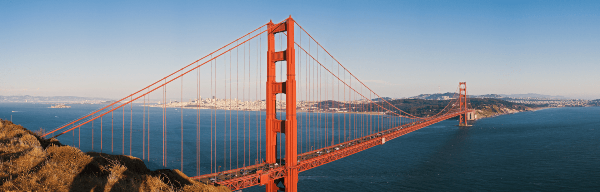 The Golden Gate Bridge on a clear day with San Francisco in the background.